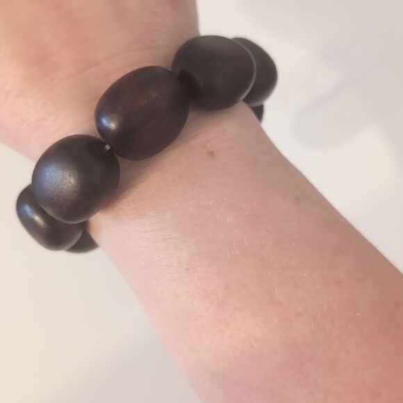 627 Chunky Brown‎ Wood Beaded Stretch Bracelet - Picture 1 of 4